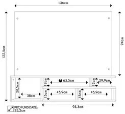 Painel para TV 55 Pol com Bancada Suspensa 136cm Brasil Buriti/Off Whi