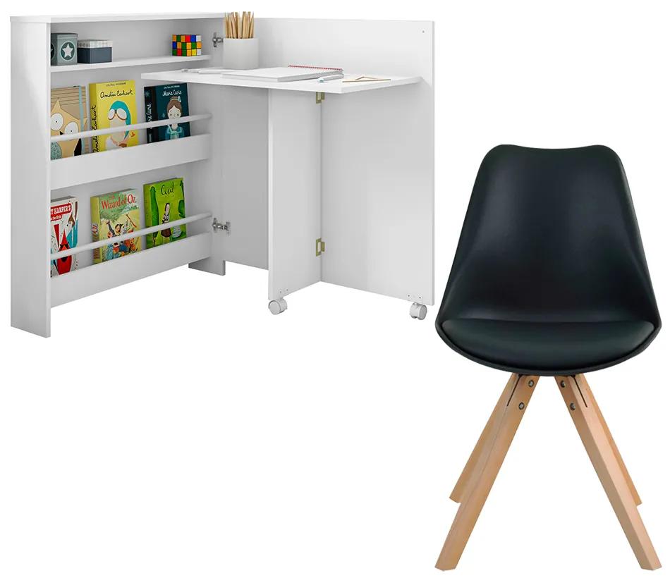 Conjunto Escrivaninha Ariana Dobrável Multifuncional e 1 Cadeira Neo Branca/Preta - Gran Belo
