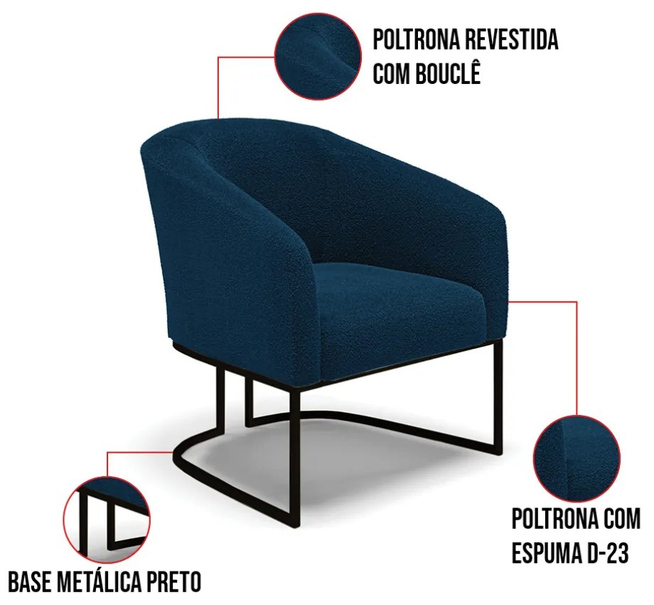 Sofá Namoradeira e Poltrona Industrial Preto Stella Bouclê Azul D03 - D'Rossi