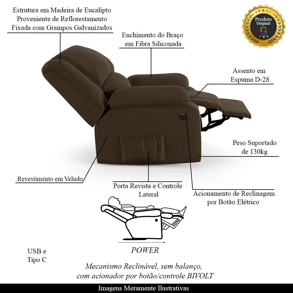 Poltrona do Papai Reclinável Melim Controle Power Elétrico USB Vel Marrom FH1 - D'Rossi