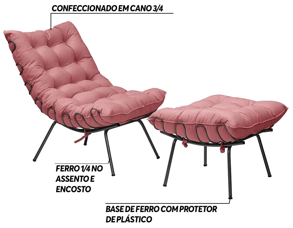 Conjunto Decorativo Poltrona e Puff Abel Base de Ferro Preto Suede Rosa G41 - Gran Belo