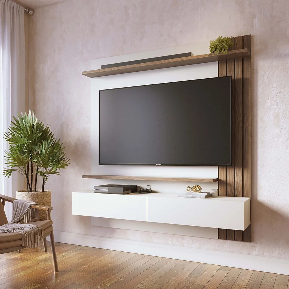 Painel TV 65 Pol 150cm Bancada Suspensa Ripado Luca Amendoa/Off White Matte C04 - D'Rossi