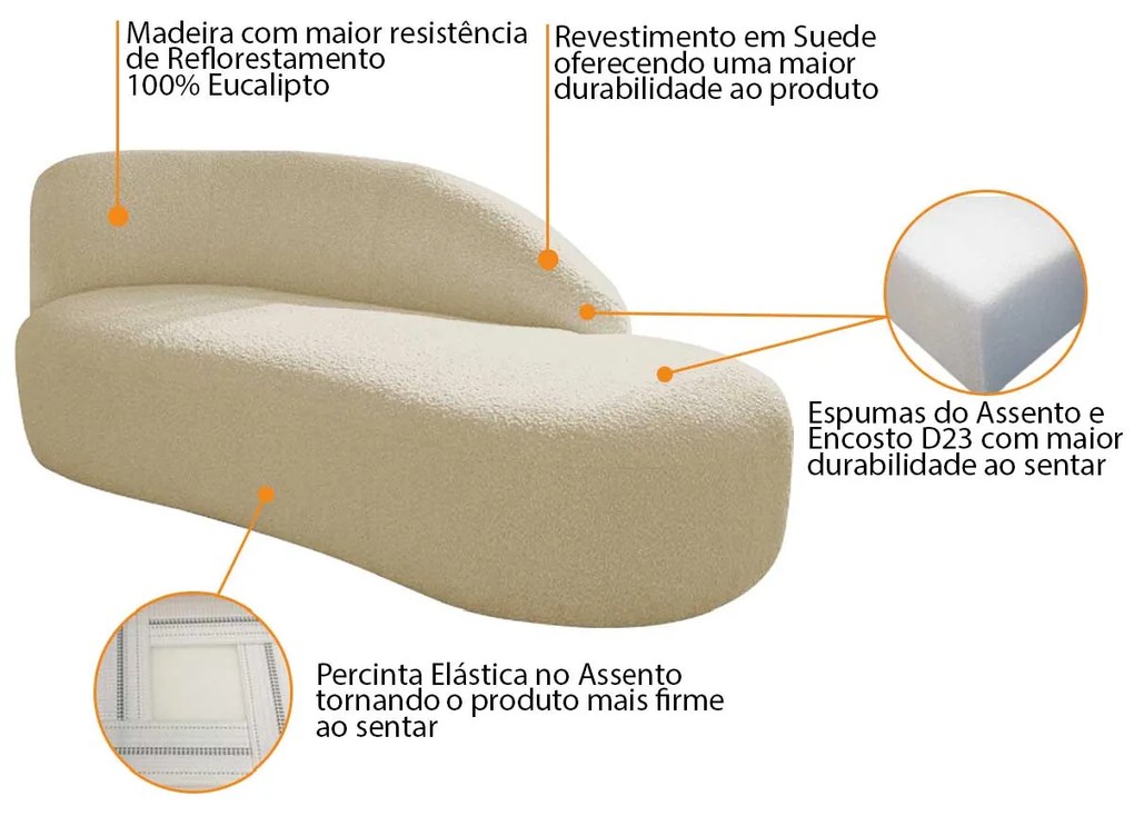 Kit Divã Luna 160cm Lado Direito e 02 Poltronas Base de Ferro Dourado Suede