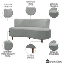 Sofá 2 Lugares para Sala Living 135cm Pés Palito Korah K04 Bouclê Cinz