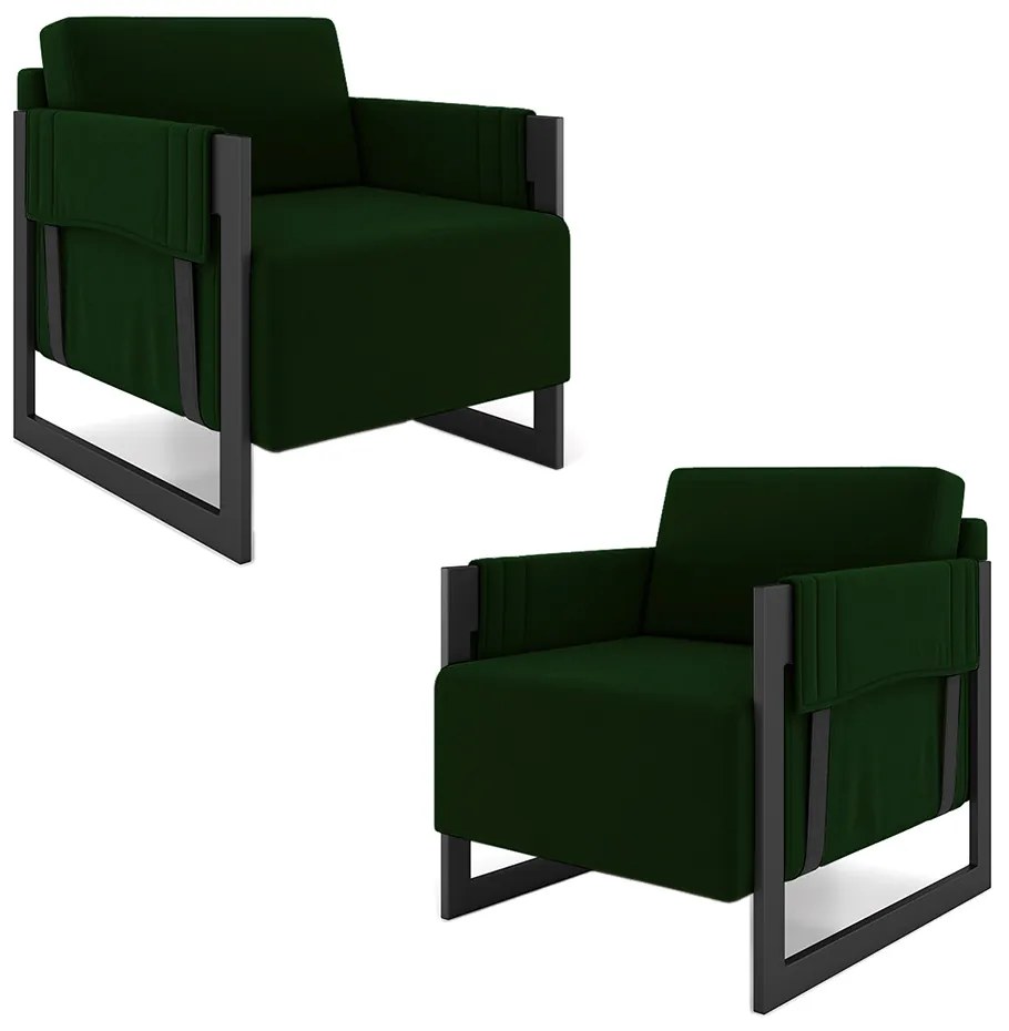 Kit 2 Poltronas Decorativa Sala de Estar Moria Base em Ferro Veludo Preto/Verde G33 - Gran Belo