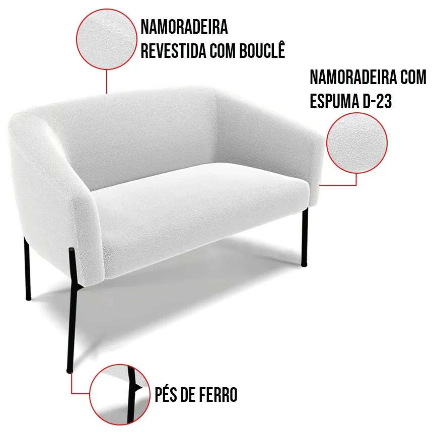 Sofá Namoradeira 2 Lugares Pé Ferro Preto Stella Bouclê Off White D03 - D'Rossi