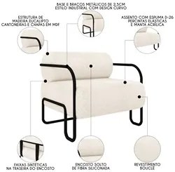 Poltrona Decorativa para Sala Industrial Kira K04 Bouclê Bege - Mpozen