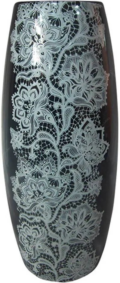 Vaso Reel White Stripe Lace Fundo Preto em Cerâmica - Urban - 30x13 cm