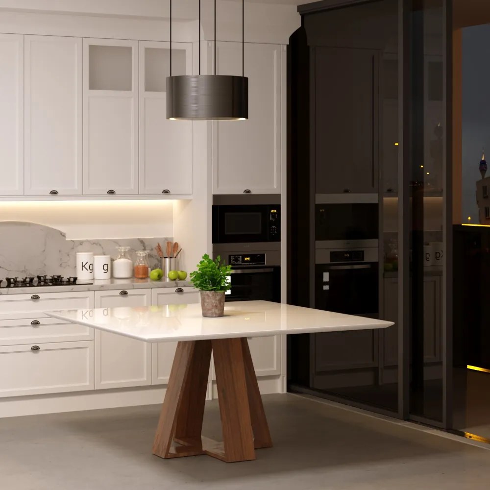 Mesa de Jantar Shell 150x150 cm com Tampo de Vidro Off White G55 - Gran Belo