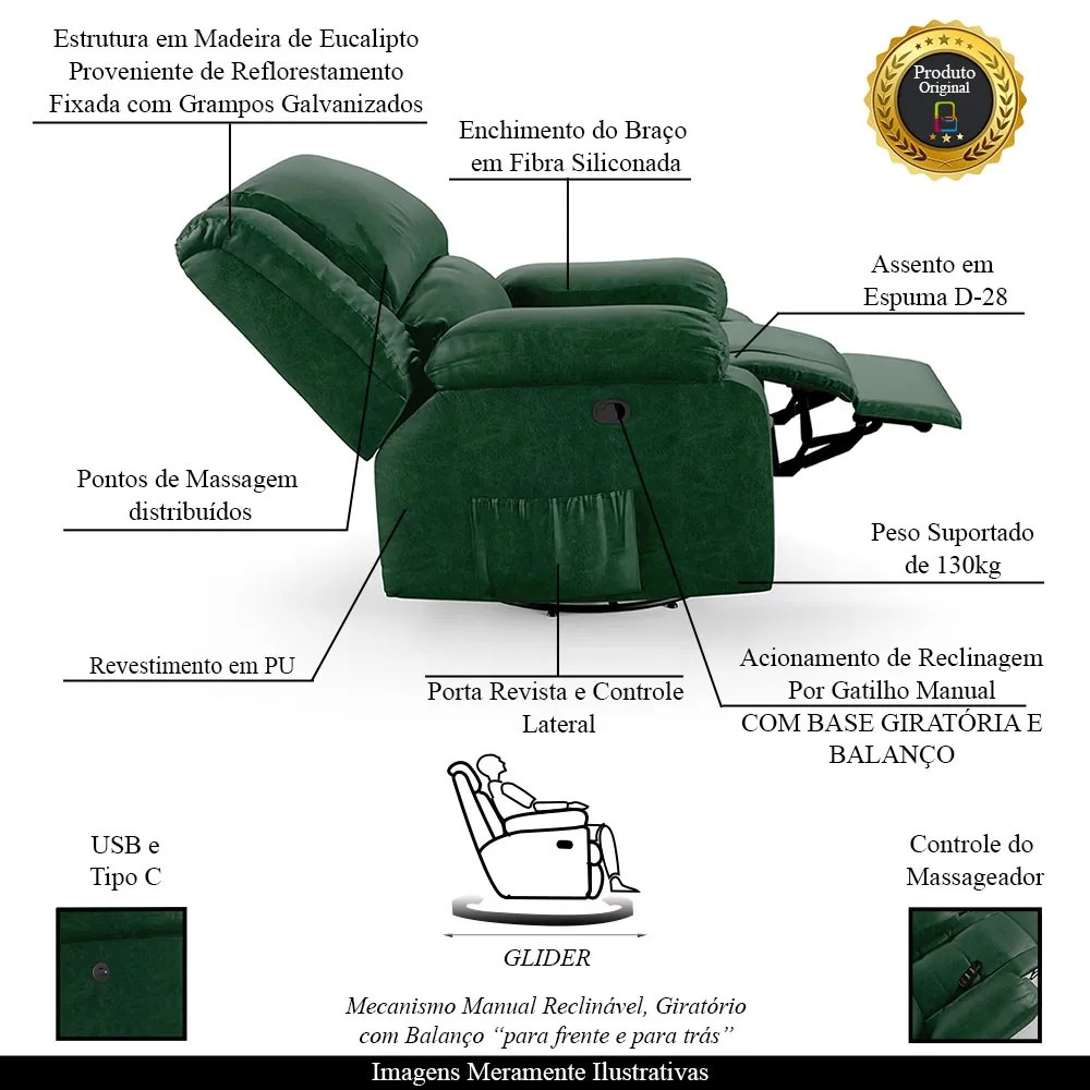 Poltrona do Papai Reclinável Sala de Cinema Madrid Glider Manual Giratória Massagem USB PU Verde Musgo  G23 - Gran Belo