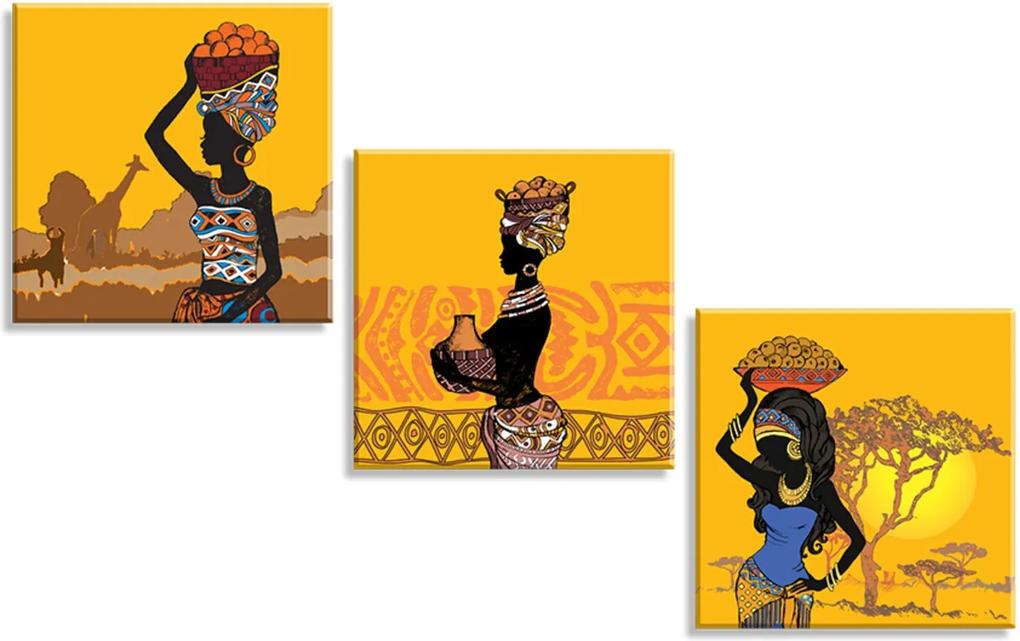 Conjunto de 3 Telas Decorativas em Canvas Wevans Mulheres Africanas Amarelo