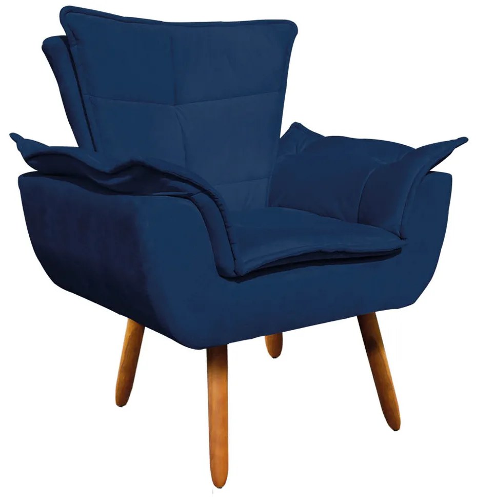 Poltrona e Puff Decorativo Pé Palito de Madeira Opala Suede Azul Marinho D03 - D'Rossi