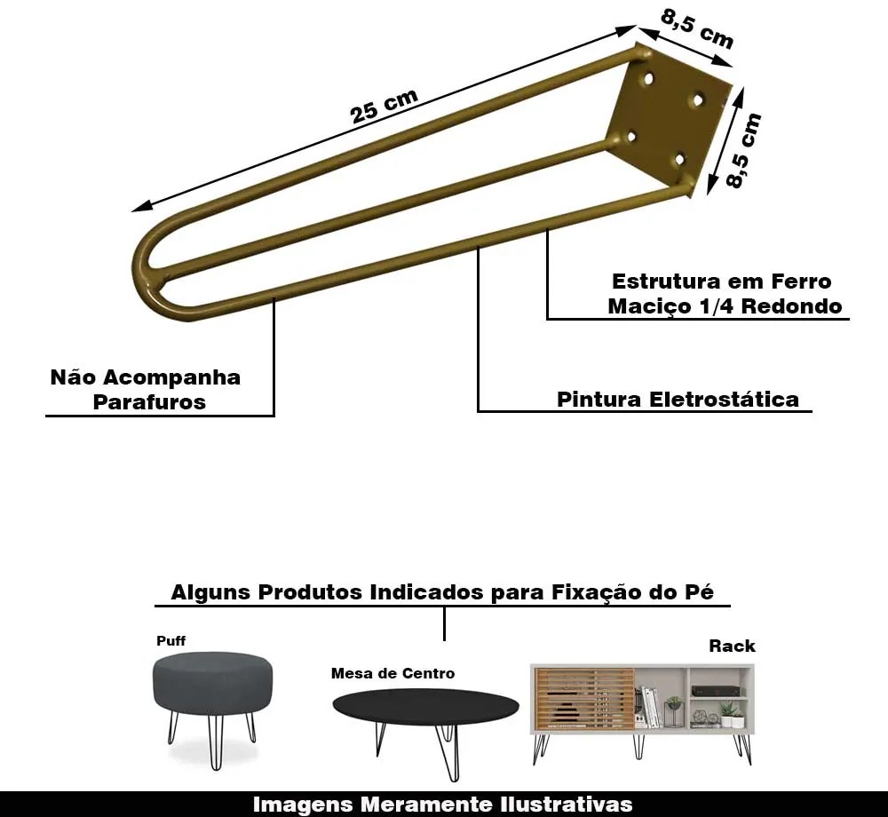 Kit 14 Pés de Metal 25 CM Hairpin Legs Rack e Puffs Dourado G41