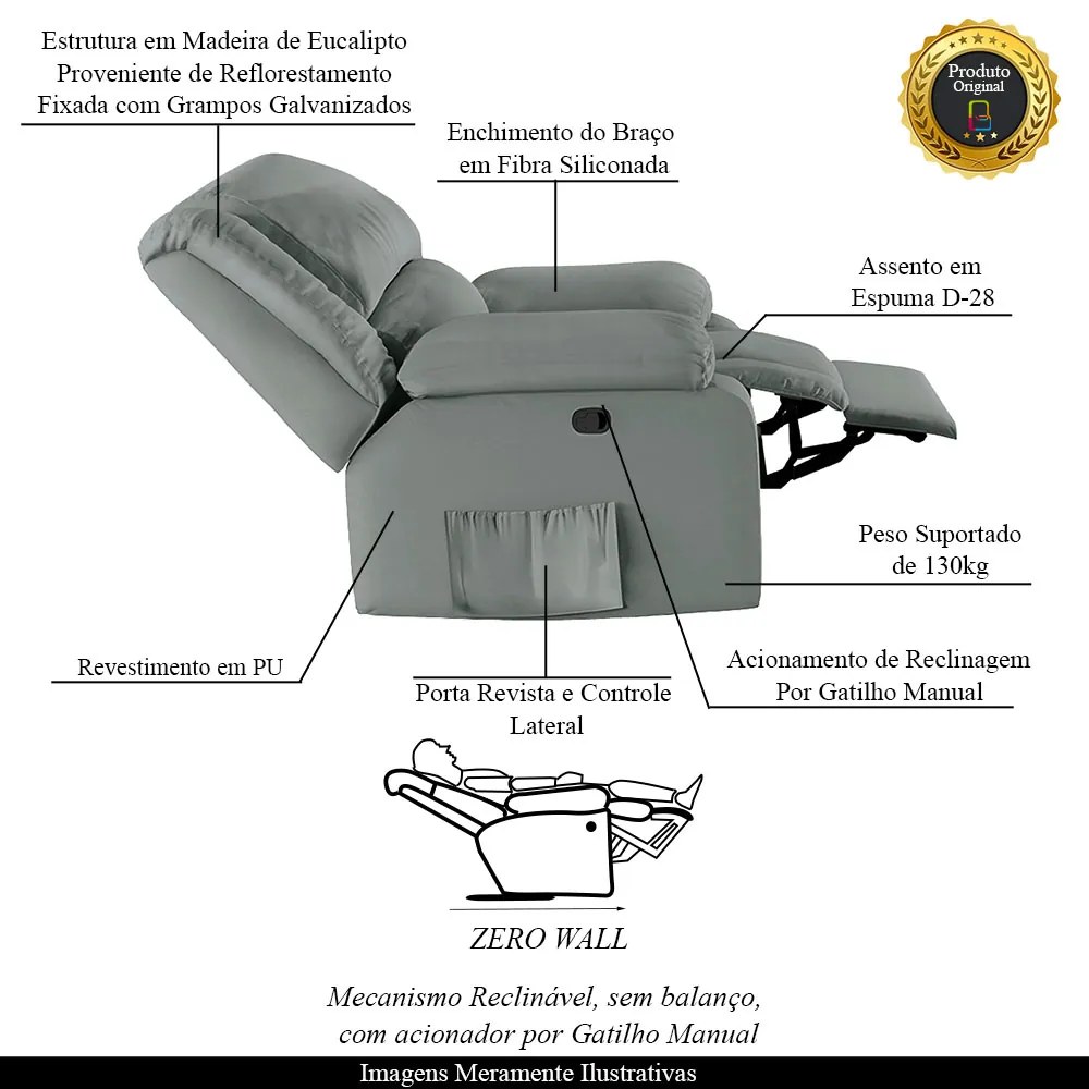 Poltrona do Papai Reclinável Melim Zero Wall Sintético PU F FH1 - D'Rossi - Cinza