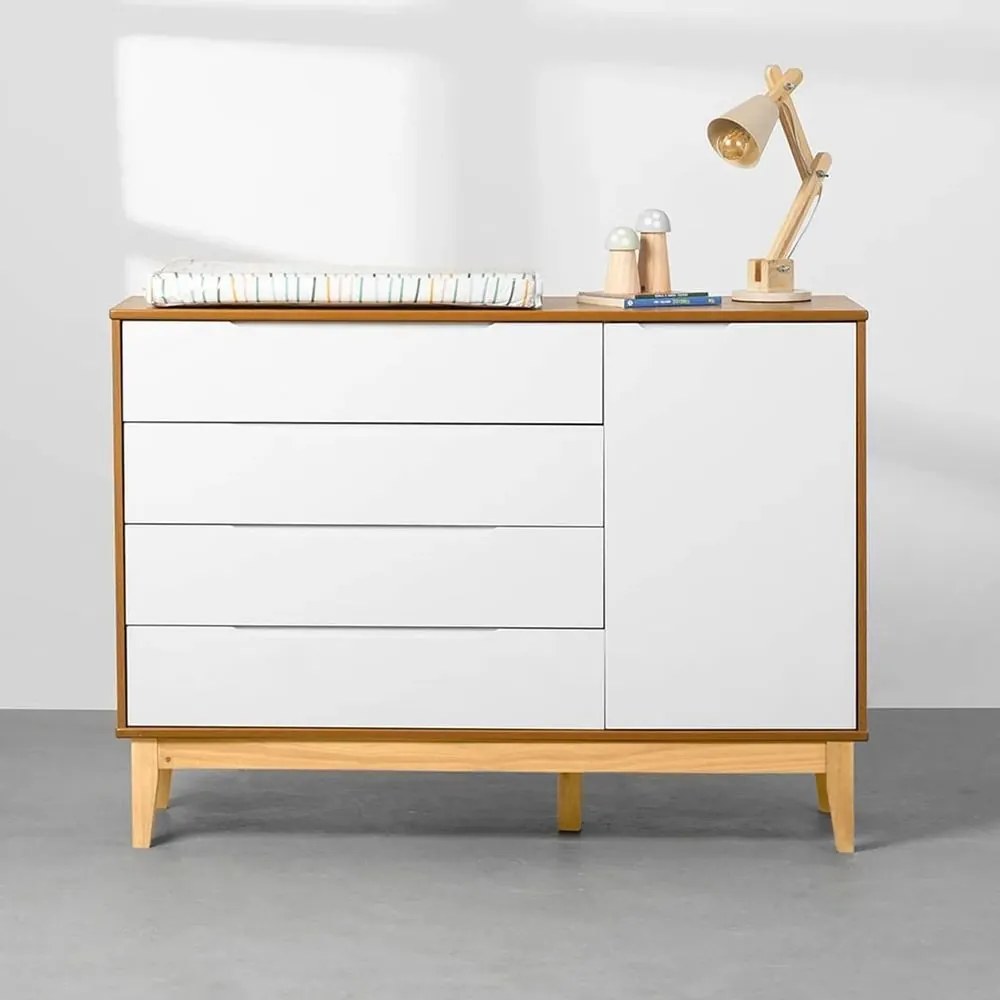 Cômoda Elfe 4 Gavetas e 1 Porta com Pés Square Natural - Branco Fosco e Savana