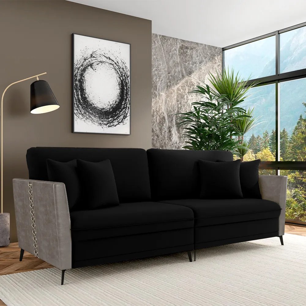 Sofá Living Decorativo Zagreb 2 Lugares 222cm com Almofadas Pés de Ferro Veludo/PU Preto/Cinza G33 - Gran Belo