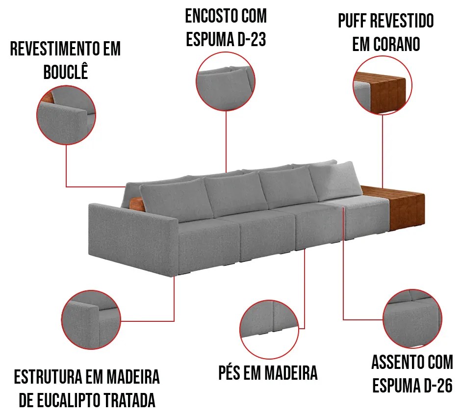 Sofá Ilha 4 Lugares Living 512cm Modulado para Sala Lary Bouclê K01 - D'Rossi - Cinza