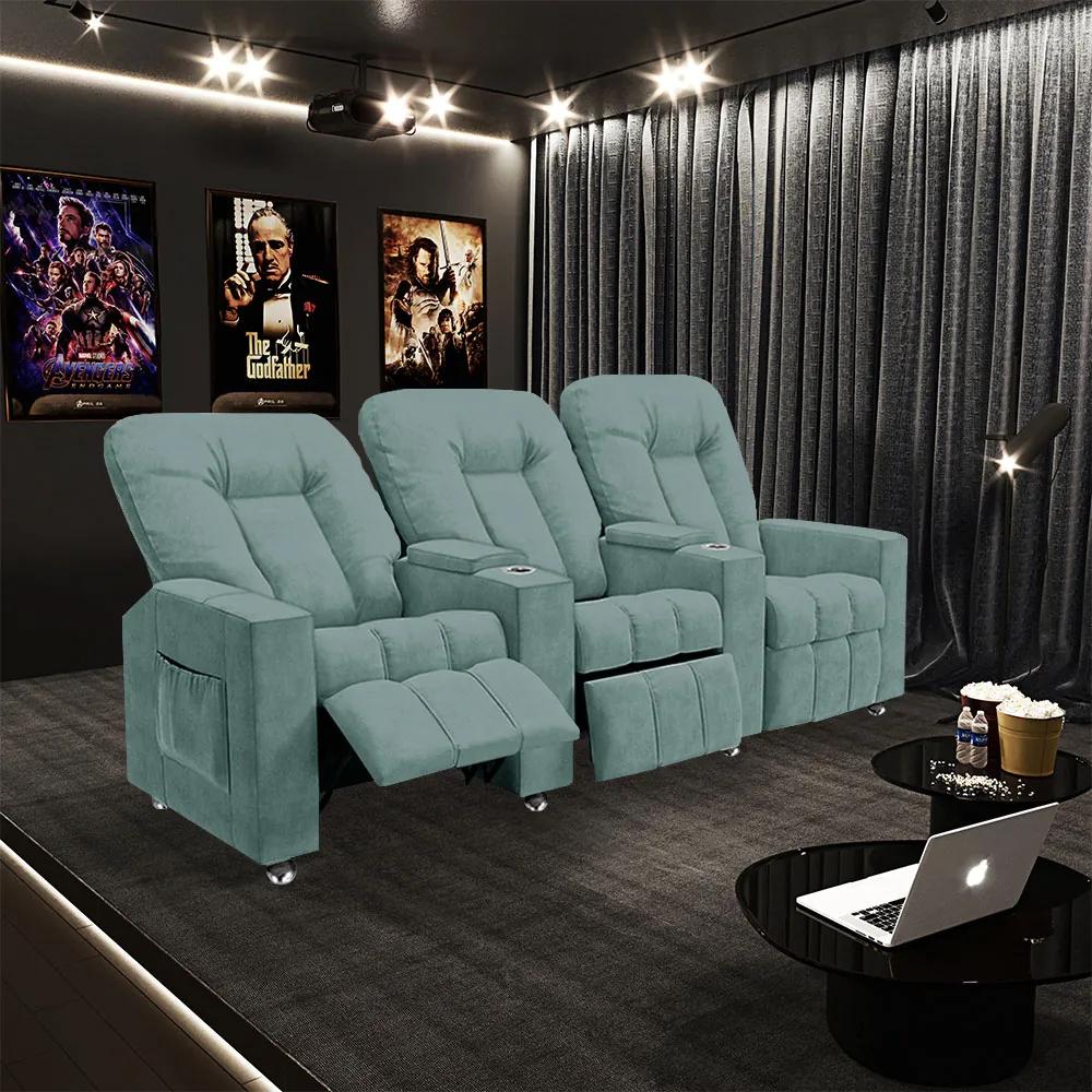 Poltrona Reclinável 3 lugares para Sala de Cinema Pequim Veludo Azul Claro G23 - Gran Belo