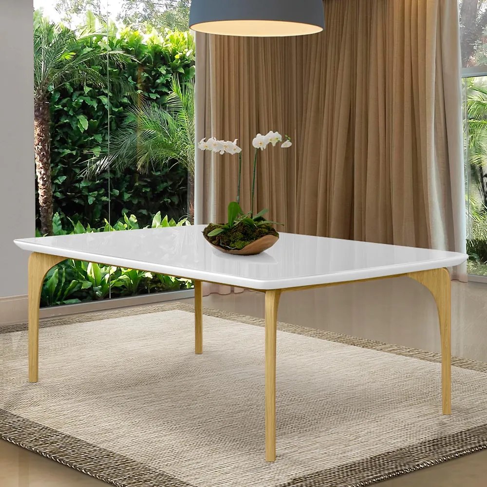 Mesa Sala de Jantar 6 Lugares 160cm Tampo com Vidro Dinamarca Branco/Freijó G13 - Gran Belo