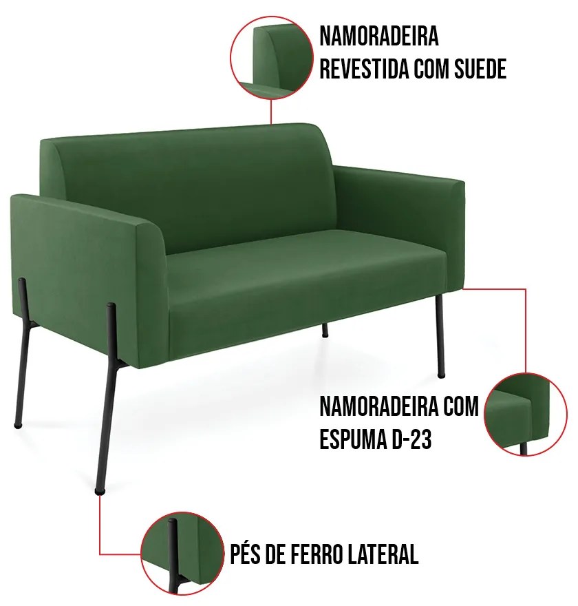 Sofá Namoradeira e 2 Poltronas Pé de Ferro Preto Marisa Suede Verde D03 - D'Rossi