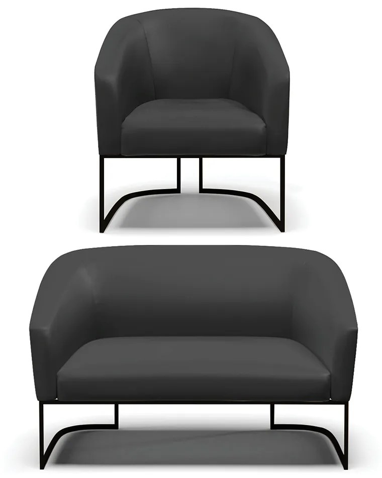 Sofá Namoradeira e Poltrona Base Industrial Preto Stella Sintético Preto D03 - D'Rossi