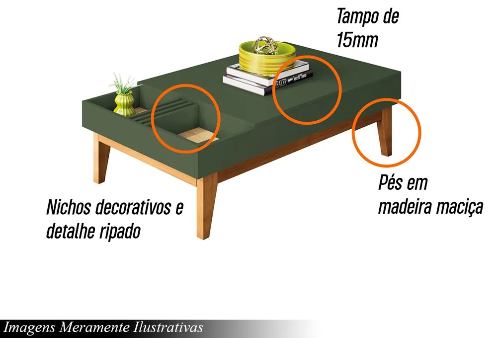 Mesa de Centro Decorativo Ripado Pés Madeira Maciça Bled Verde Pistache/Freijó G26 - Gran Belo