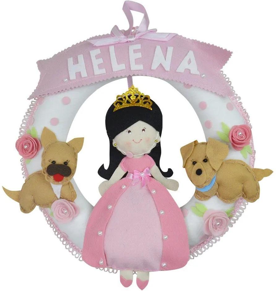 Enfeite de Porta Feltro Rosa Princesa Cachorrinhos Personalizado com Nome
