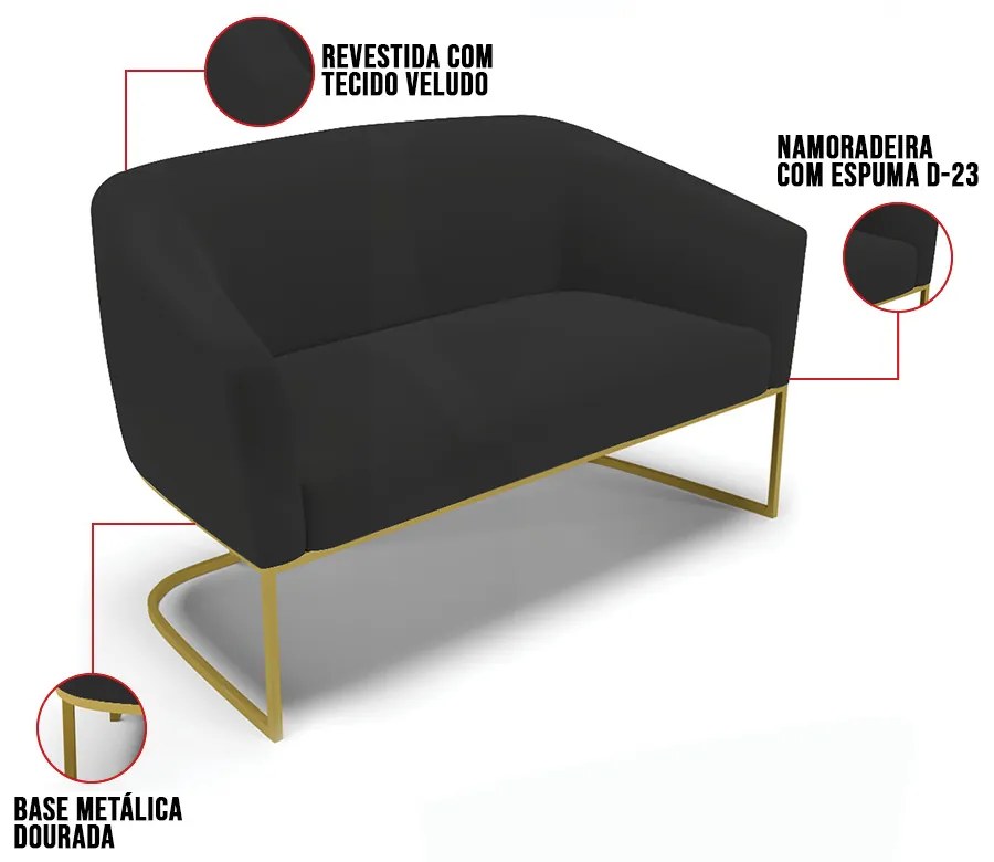 Sofá 2 Lugares Namoradeira Industrial Dourado Stella Veludo D03 - D'Rossi - Preto