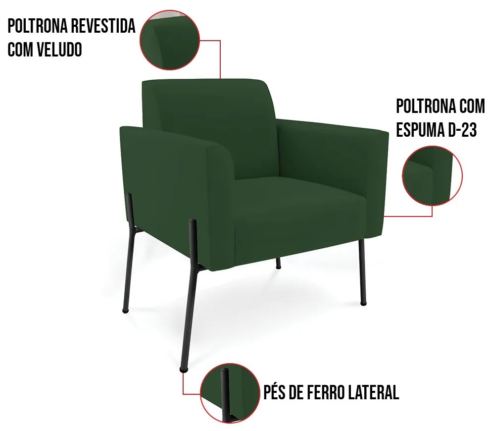 Poltrona Pé de Ferro Preto para Sala Kit 2 Marisa Veludo D03 - D'Rossi - Verde