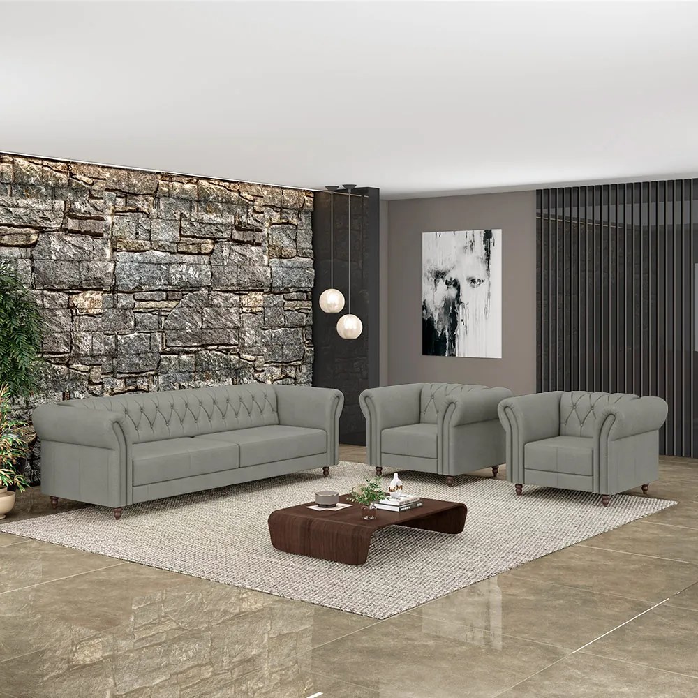 Conjunto Sala de Estar 1 Sofá Living 220cm e 2 Poltronas Stanford Chesterfield Pés Madeira Couro Cinza G58 - Gran Belo