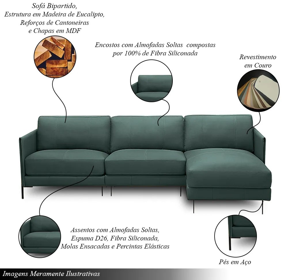 Sofá Decorativo Karine 5 Lugares Sala de estar 300cm com Chaise Pés em Aço Couro Verde Musgo G88 - Gran Belo