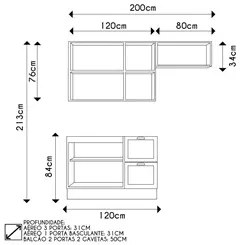 Armário de Cozinha Modulado 3 Peças Sem Tampo CJ8 Duna P09 Branco - Mp