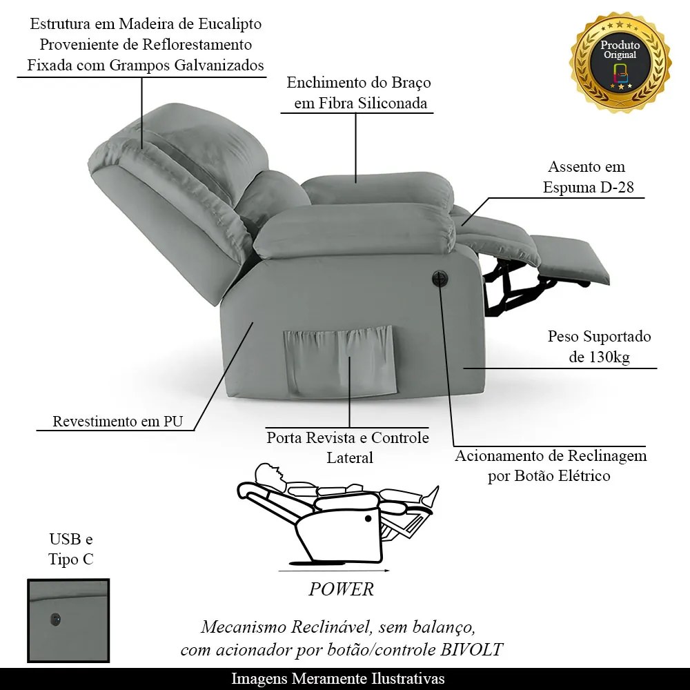 Poltrona do Papai Reclinável Melim Controle Power Elétrico USB PU Cinza FH1 - D'Rossi