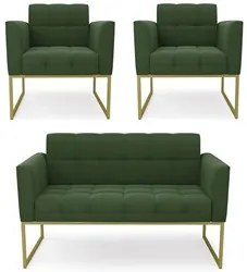 Sofá Namoradeira e 2 Poltronas Base Industrial Dourado Ana Suede Verde