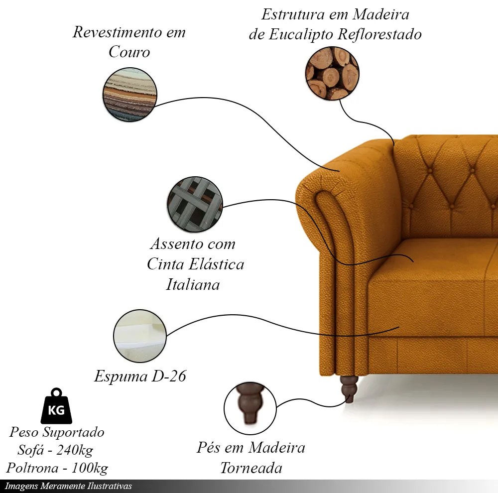 Conjunto Sala de Estar 1 Sofá Living 240cm e 2 Poltronas Stanford Chesterfield Pés Madeira Couro Mel G58 - Gran Belo