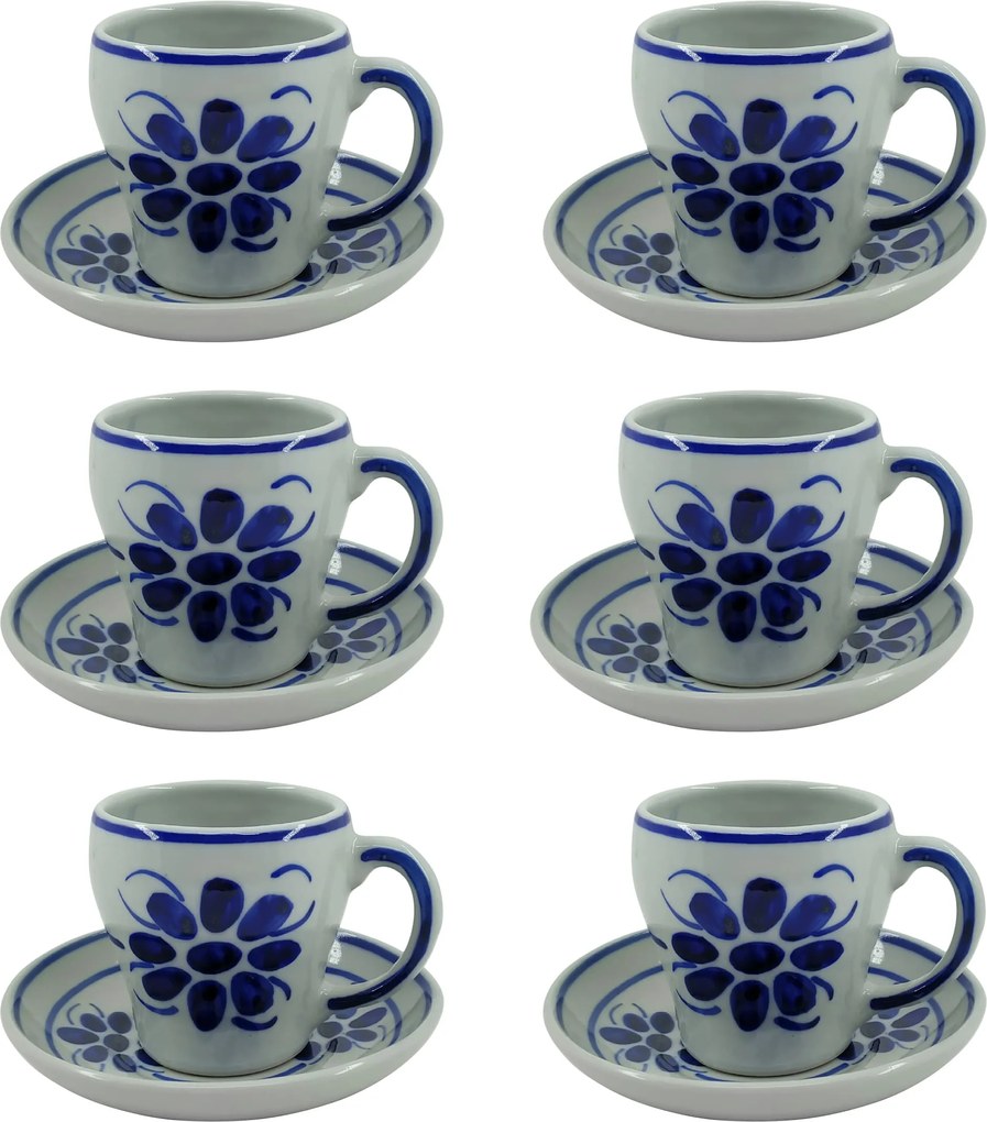 Jogo de Xícaras de Chá em Porcelana Azul Floral 12 peças