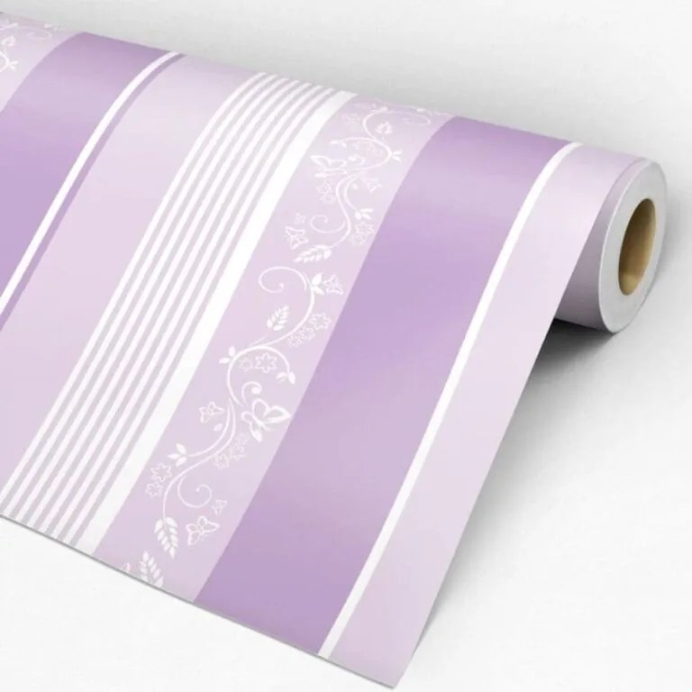 Papel de Parede Listrado Lilás com Floral