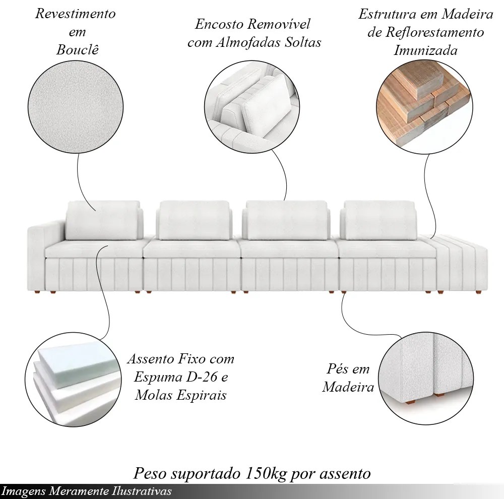 Sofá Ilha com Encosto e Almofadas Móveis Olimpo 505cm Modulado Bouclê Branco G45 - Gran Belo