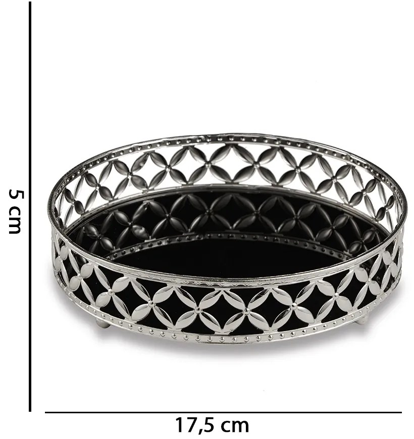 Bandeja Decorativa Redonda em Metal Prata com Espelho Preto 5x17,5 cm - D'Rossi