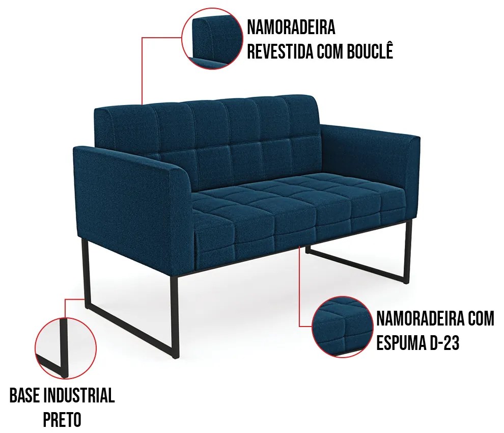 Sofá Namoradeira e 2 Poltronas Industrial Pto Elisa Bouclê Azul D03 - D'Rossi