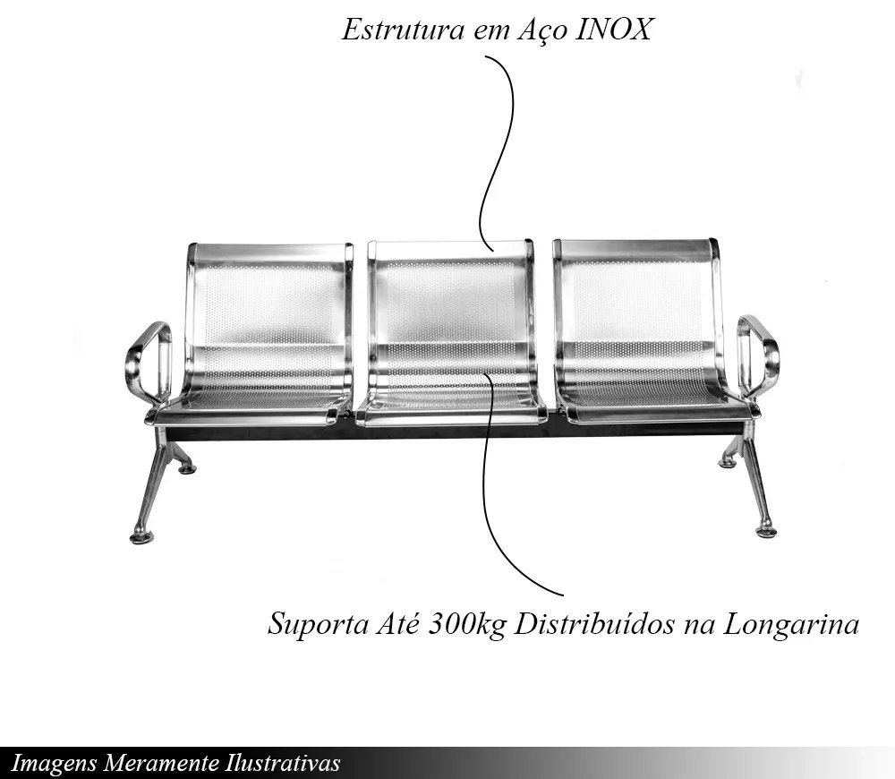 Longarina para Escritório 180cm Desk 3 Lugares Braços Externos em Aço Inox G56 - Gran Belo