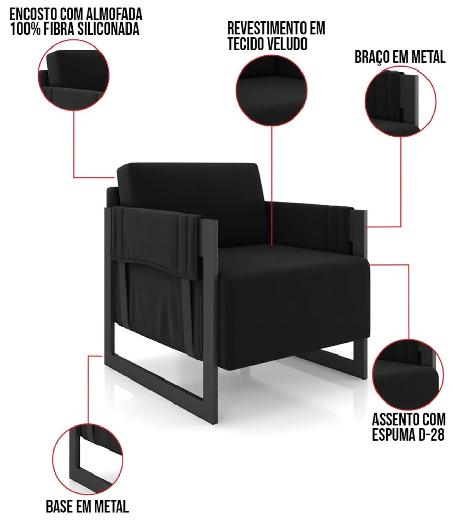 Poltrona Decorativa Base Industrial Rory Veludo Preto K01 - D'Rossi