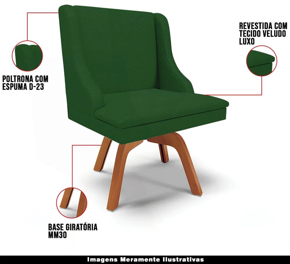 Kit 3 Cadeiras Decorativas Sala de Jantar Base Giratória de Madeira Firenze Veludo Verde Luxo/Natural G19 - Gran Belo