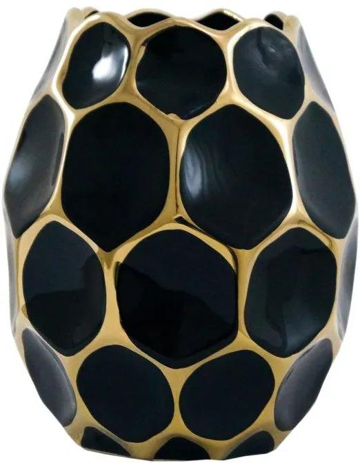 Vaso em Cerâmica Decorativo Preto e Dourado - 18x15x15cm