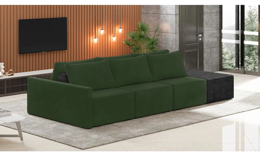 Sofá Ilha 3 Lugares Living 312cm Modulado Sala Lary Veludo Verde/PU Pto K01 - D'Rossi