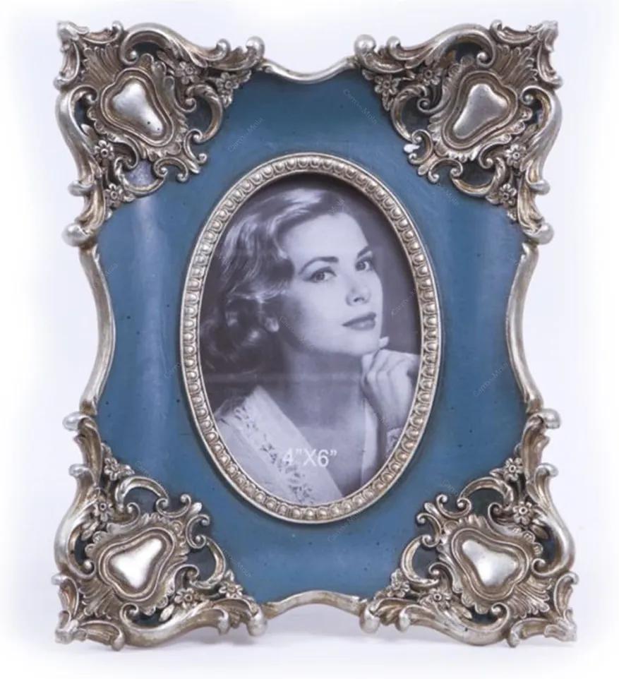 Porta-Retrato Luxo Azul e Prata Envelhecido em Resina - 27x22 cm