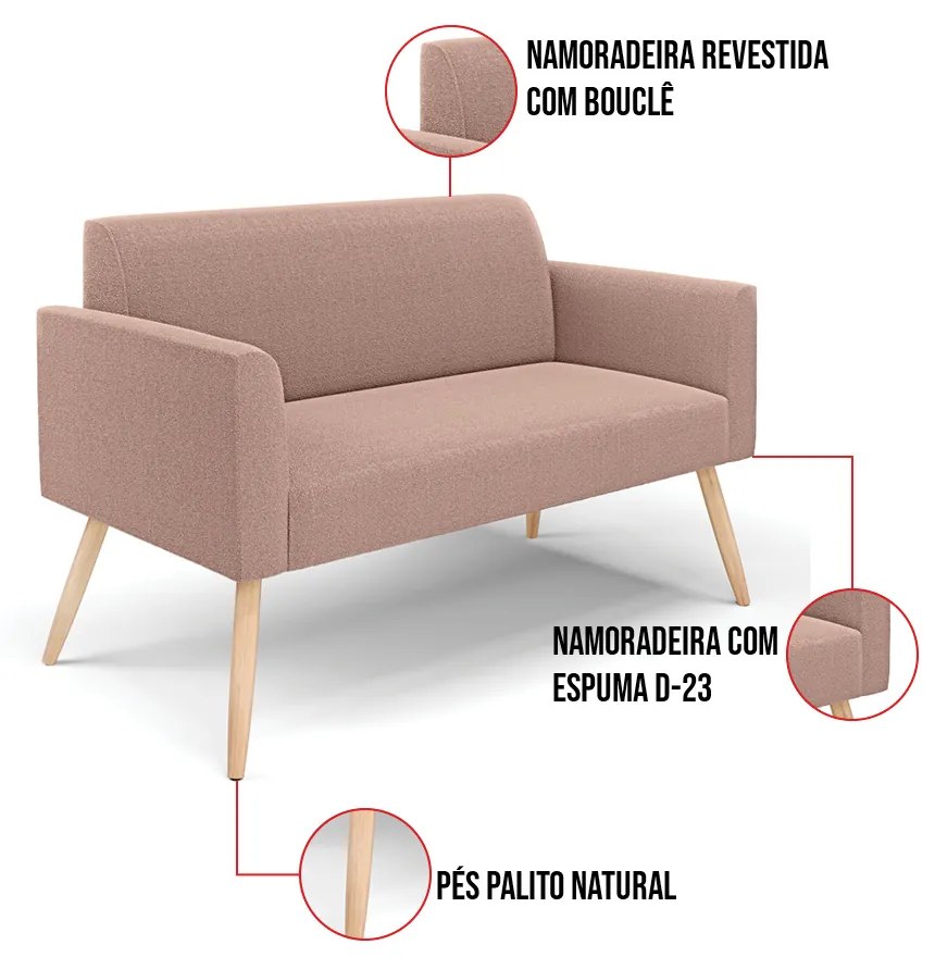 Sofá 2 Lugares Namoradeira Pé Palito Natural Marisa Bouclê Rosê D03 - D'Rossi