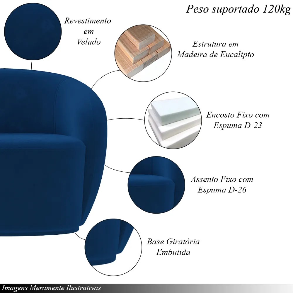 Conjunto 1 Sofá Living 180cm e 1 Poltrona Decorativa Sala de Estar Íbis Encosto Fixo Veludo Azul  Marinho G33 - Gran Belo