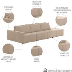 Sofá Ilha Modular com Puff para Sala Living 312cm Georgia Z08 Veludo B