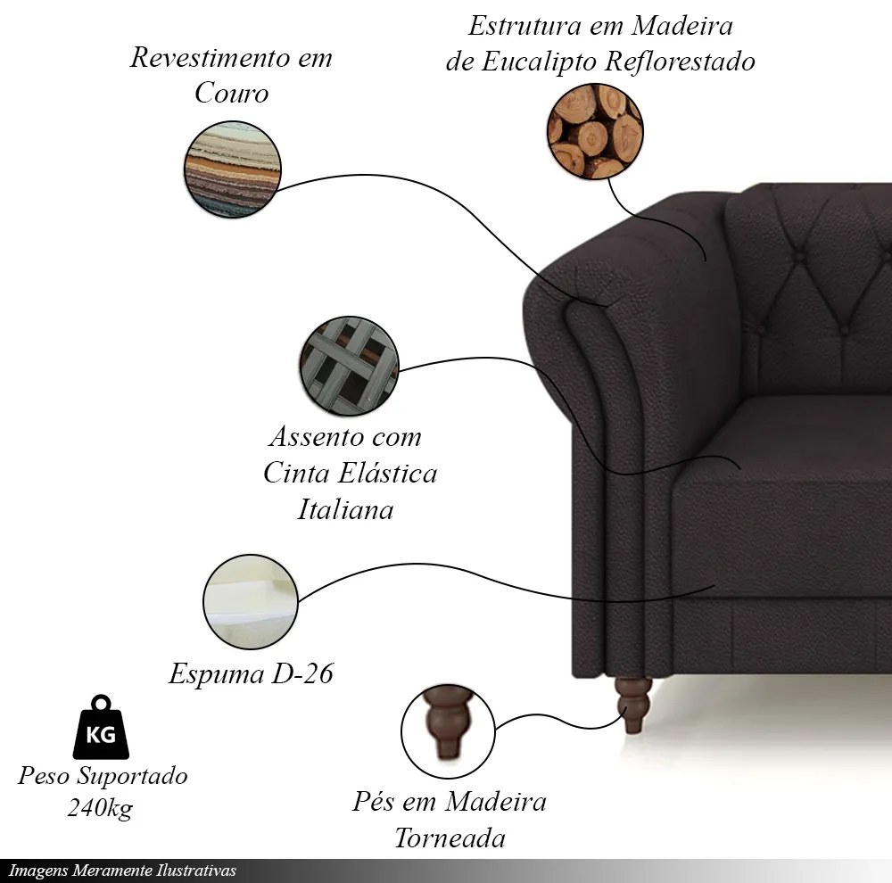 Sofá Living Sala de Estar Stanford Chesterfield 2 Lugares 200cm Pés de Madeira Couro Borgonha G58 - Gran Belo